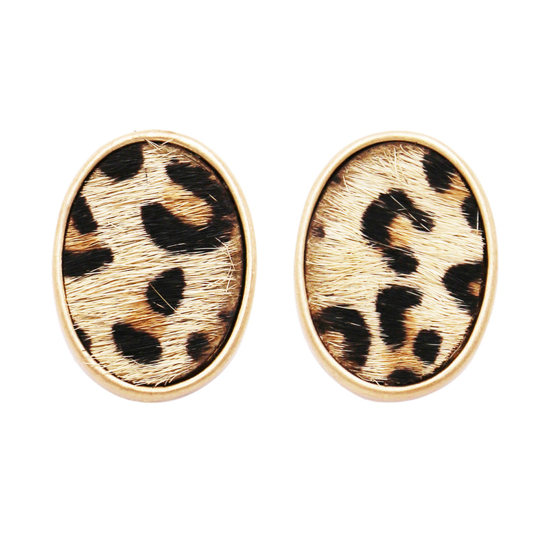Get Wild Genuine Leather Cowhide with Hair Animal Safari Leopard Print Spots Hypoallergenic Post Earrings, 0.75"