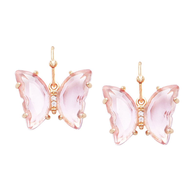 Whimsical Pink Glass Crystal Butterfly Earrings, 0.75"