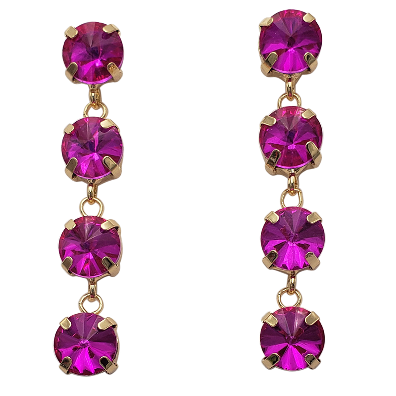 Colorful Large Round Fuchsia Pink Rock Candy Crystal Rhinestones Gold Tone Hypoallergenic Post Back Strand Earrings, 2.25"