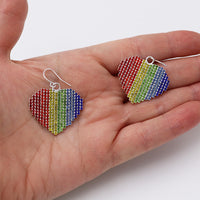 Stunning Rainbow Crystal Rhinestone Hearts Friendship Gifting Pride Love Silver Tone Dangle Earrings, 1.61"