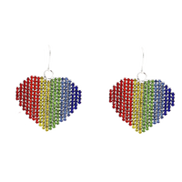 Stunning Rainbow Crystal Rhinestone Hearts Friendship Gifting Pride Love Silver Tone Dangle Earrings, 1.61"