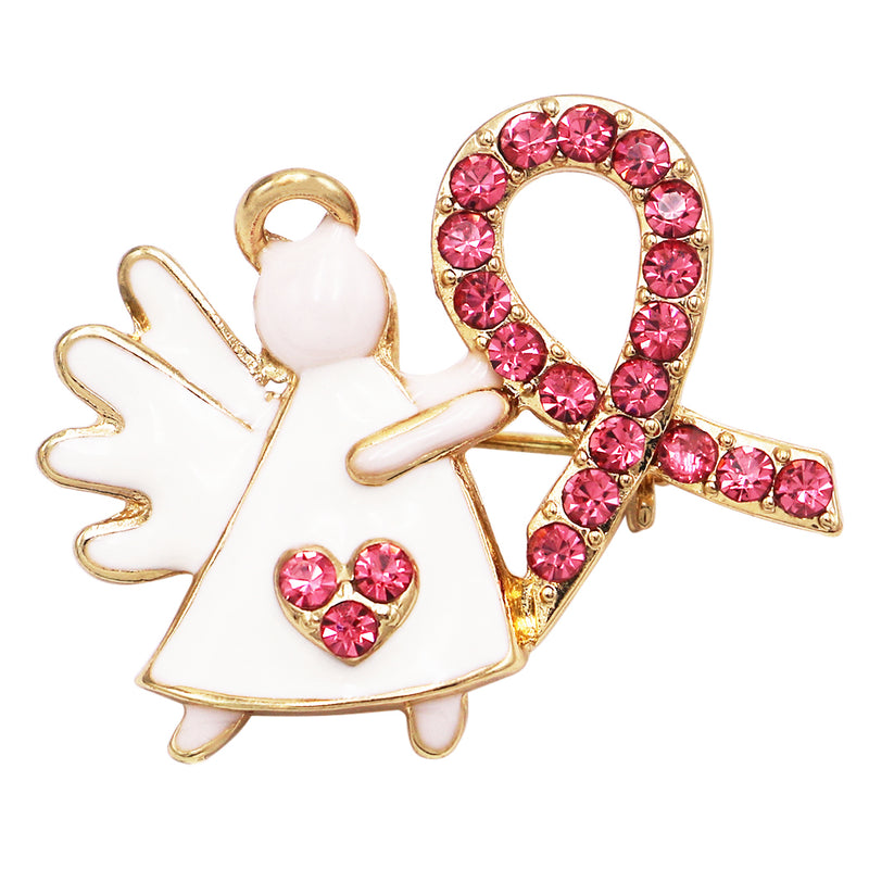 Charming Pink Ribbon Crystal Rhinestone Angel Lapel Pin Brooch, 1"