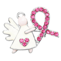 Charming Pink Ribbon Crystal Rhinestone Angel Lapel Pin Brooch, 1"