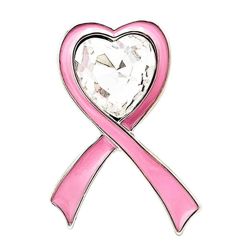 Inspritional Crystal Heart Pink Ribbon Breast Cancer Awareness Enamel Coated Lapel Pin Brooch, 1.10"