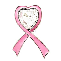 Inspritional Crystal Heart Pink Ribbon Breast Cancer Awareness Enamel Coated Lapel Pin Brooch, 1.10"