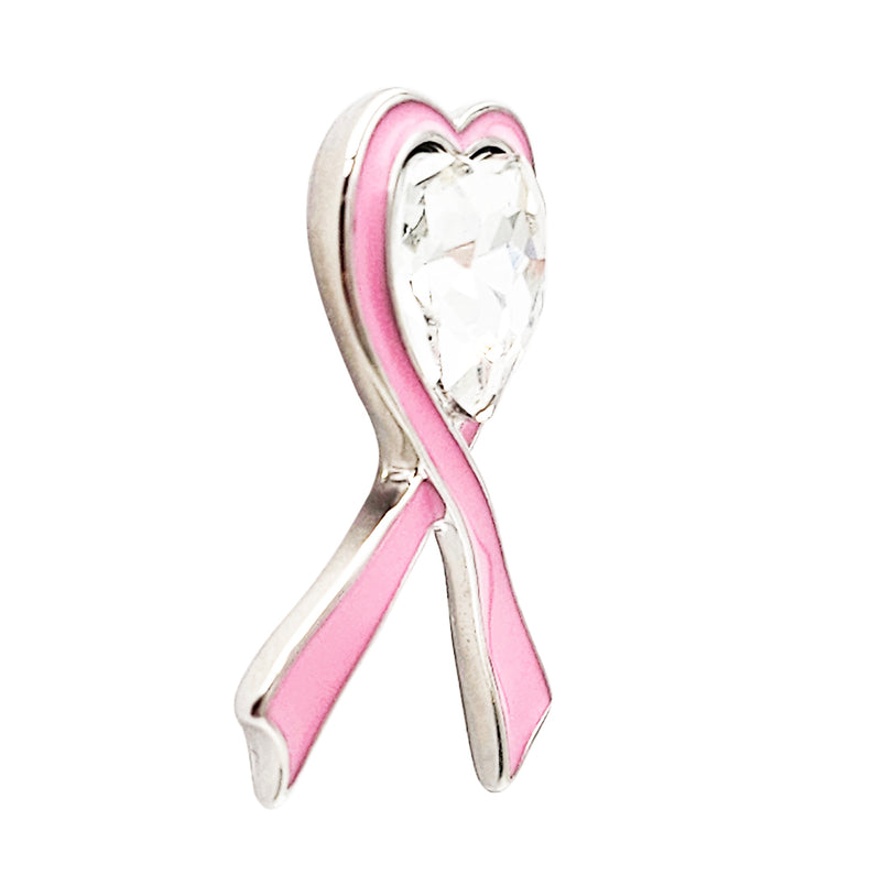 Inspritional Crystal Heart Pink Ribbon Breast Cancer Awareness Enamel Coated Lapel Pin Brooch, 1.10"