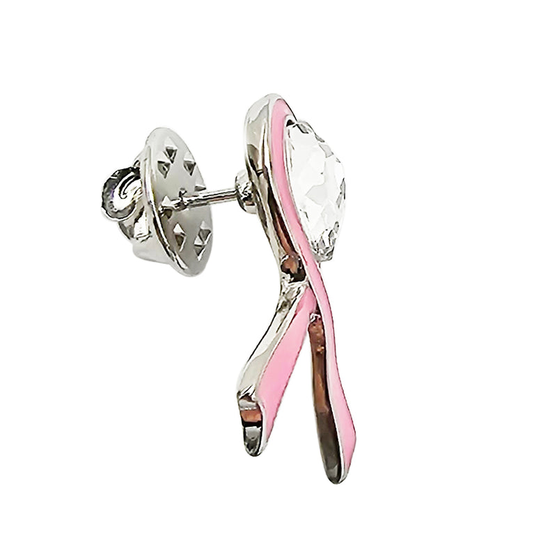 Inspritional Crystal Heart Pink Ribbon Breast Cancer Awareness Enamel Coated Lapel Pin Brooch, 1.10"