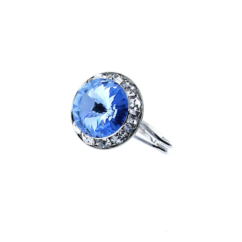 Sparkling Halo Cocktail Ring Made With Light Sapphire Blue Swarovski Crystal On Adjustable Silver Tone Band