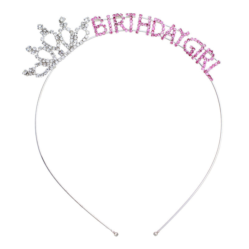Birthday Girl Tiara Head Band Silver and Pink Rhinestone