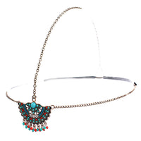Chic Burnished Metal Fringe Tikka Head Chain With Natural Red And Turquoise Howlite Stone On Elastic Headband Forehead Pendant
