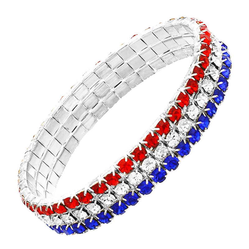 Women's July 4th Red White And Blue Patriotic Statement Stretch Rhinestone Crystal Bracelet (Large Crystal, 8.6mm)