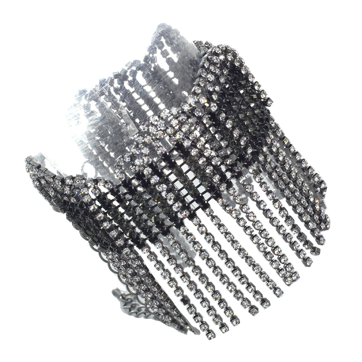 Unique Statement 10 Row Black Crystal With Rhinestone Fringe Hematite Tone Adjustable Bracelet, 7"+1.5" Extender
