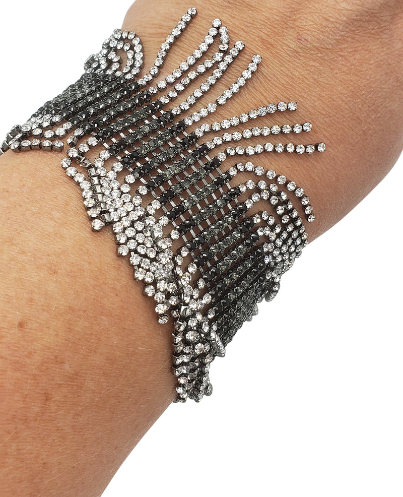 Unique Statement 10 Row Black Crystal With Rhinestone Fringe Hematite Tone Adjustable Bracelet, 7"+1.5" Extender