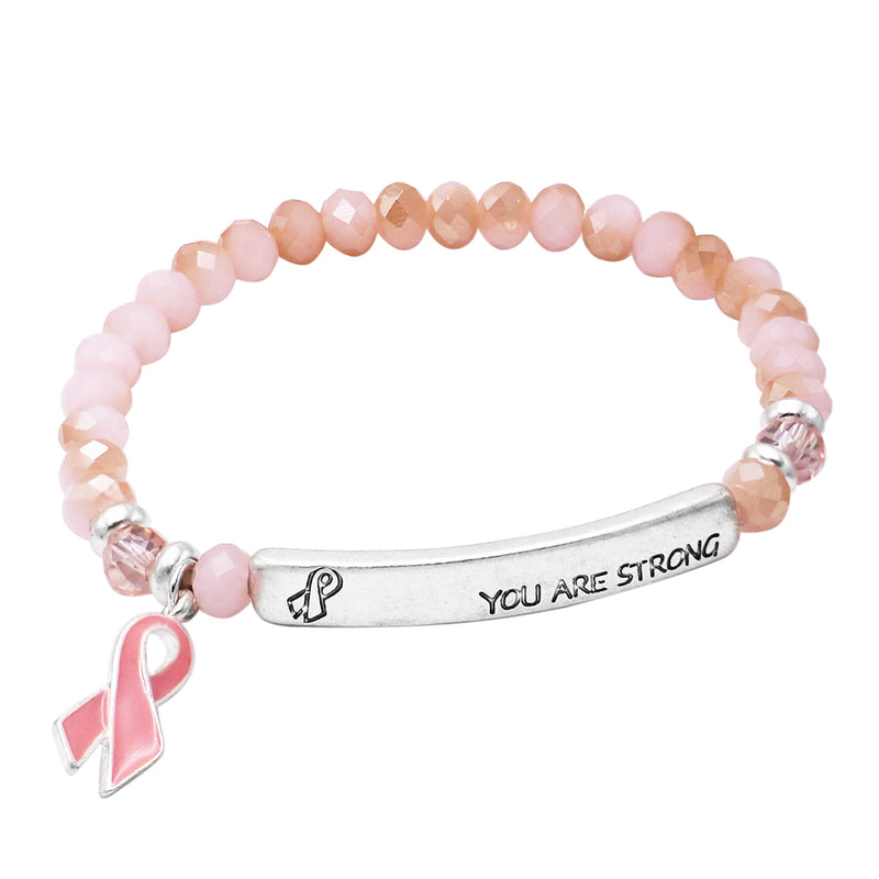 You Are Strong Pink Ribbon Breast Cancer Awareness Faceted Glass Bead Stretch Style Charm Bracelet, 6.5"