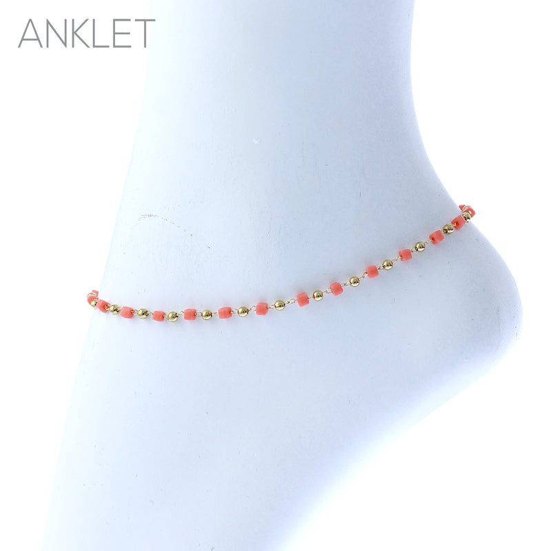 Rosemarie & Jubalee Women's Summer Fun Stunning Square Glass Beaded Chain Ankle Bracelet Anklet, 9"+ 2" Extender (Peach Orange)