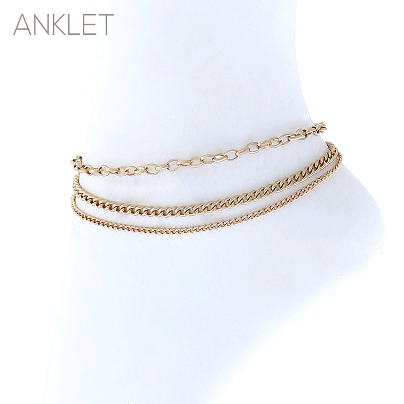 Stunning Triple Strand Draped Gold Tone Chains Ankle Bracelet Anklet, 8"-10" with 2" Extender