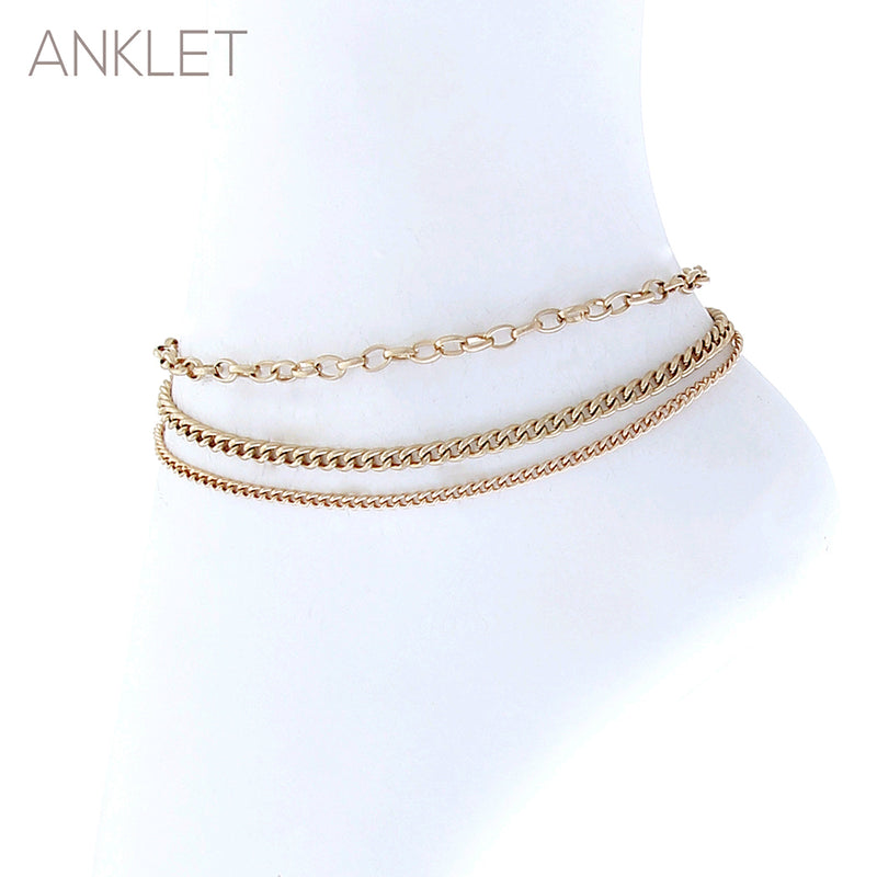 Stunning Triple Strand Draped Gold Tone Chains Ankle Bracelet Anklet, 8"-10" with 2" Extender