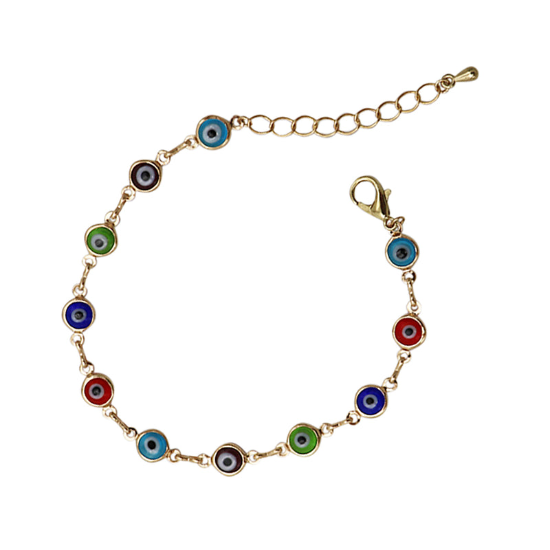 Colorful Glass Bead Protective Talisman Evil Eye Link Chain Bracelet, 7"+2" Extender