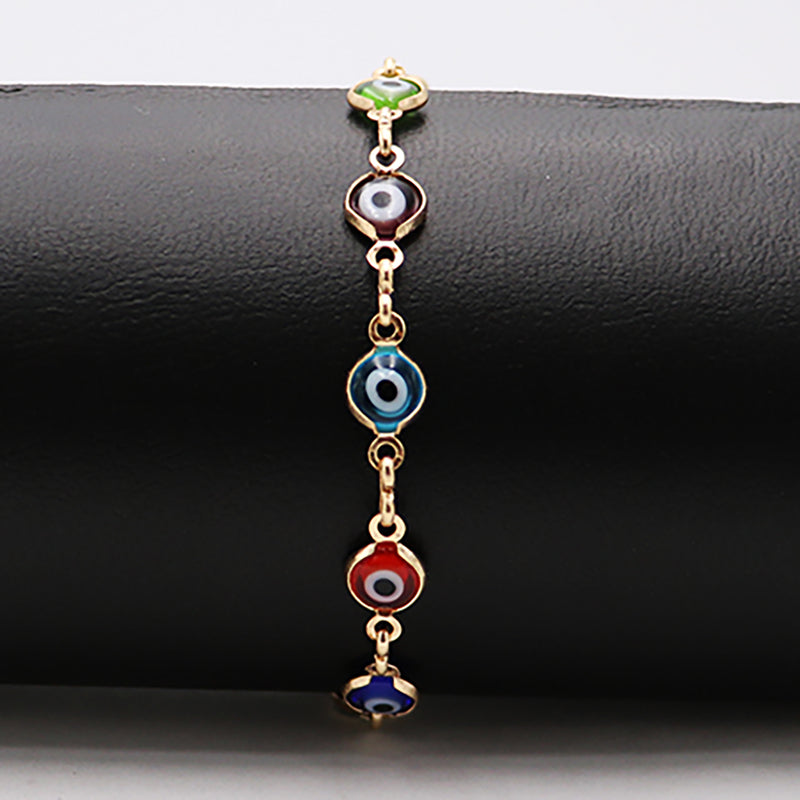 Colorful Glass Bead Protective Talisman Evil Eye Link Chain Bracelet, 7"+2" Extender