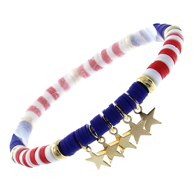 Women's July 4th Patriotic USA Gold Star Charms With Red White And Blue Clay Bead Petite Stretch Bracelet, 6"