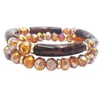 Stunning Set Of 2 Acrylic Bamboo Tube And Faceted Glass Crystal Bead Stacking Stretch Bangle Bracelets, 6.5" (Tortoise Shell Brown)
