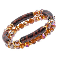 Stunning Set Of 2 Acrylic Bamboo Tube And Faceted Glass Crystal Bead Stacking Stretch Bangle Bracelets, 6.5" (Tortoise Shell Brown)