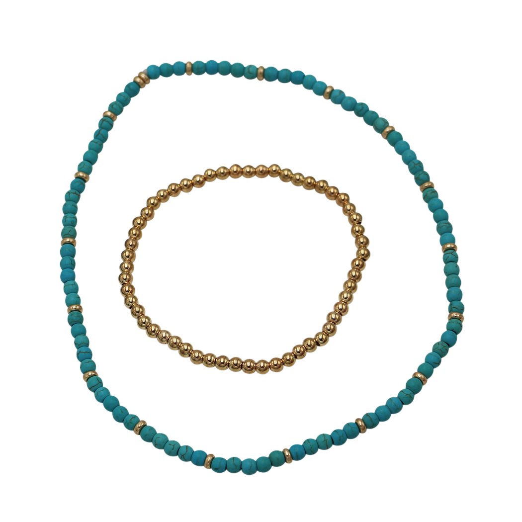 Natural Stone Turquoise & Gold Beaded Bracelet Set