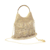 Gold Tone Glittering Crystal Rhinestone Adorned Ruffle Bridal Evening Bag Clutch With Removable Shoulder Chain Purse Strap