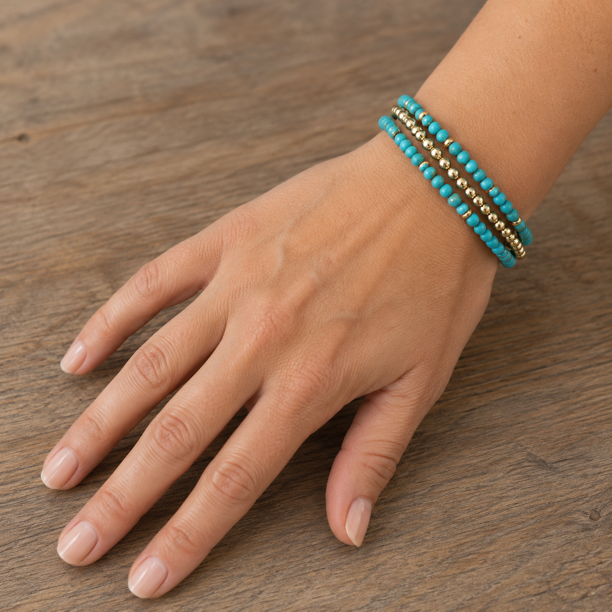 Natural Stone Turquoise & Gold Beaded Bracelet Set