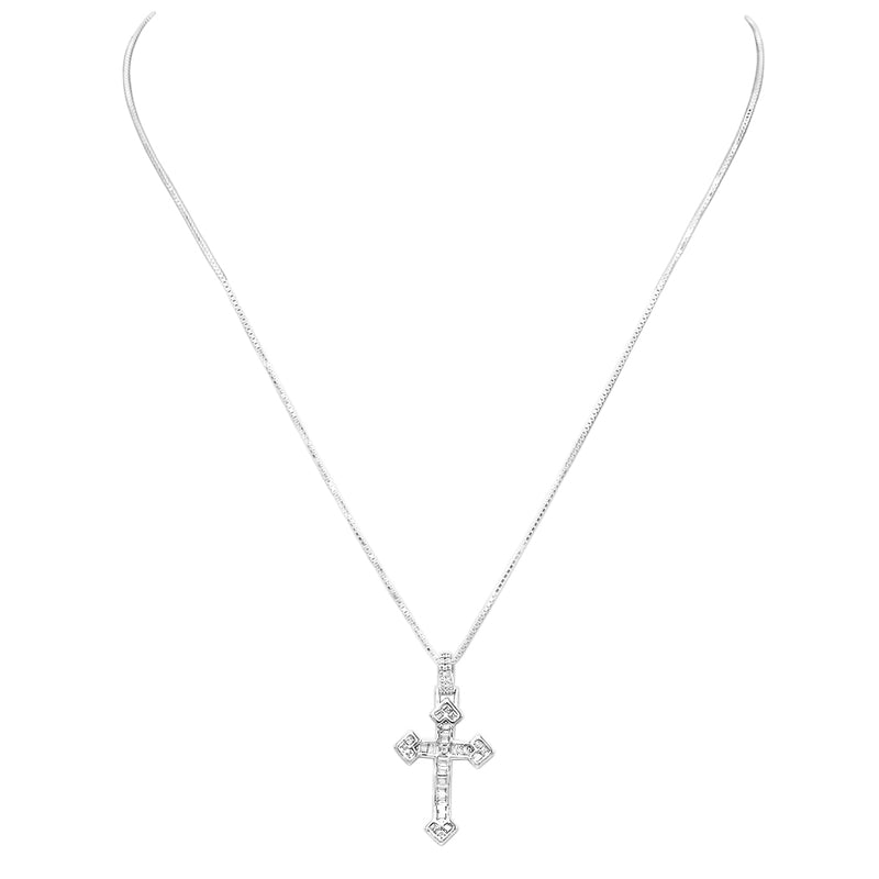 Rosemarie's Religious Gifts Women's Made In Italy Dainty Sterling Silver Box Chain With Adjustable Slide And Stunning Crystal Baguette Christian Cross Necklace Pendant, 22"