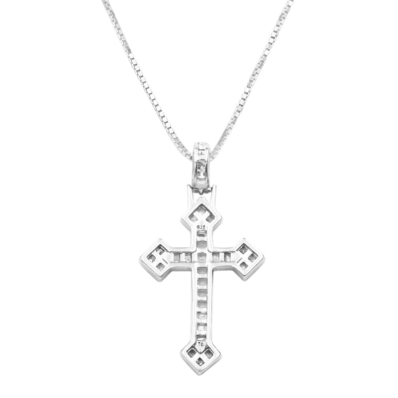 Rosemarie's Religious Gifts Women's Made In Italy Dainty Sterling Silver Box Chain With Adjustable Slide And Stunning Crystal Baguette Christian Cross Necklace Pendant, 22"