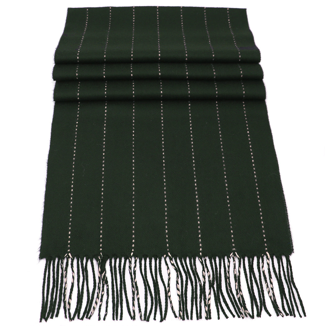 Soft Acrylic Winter Scarf, 66 x 12 Inches with 3 Inch Fringe, Cozy Cold Weather Accessory (Pinstripe, Army Green, White Pin)