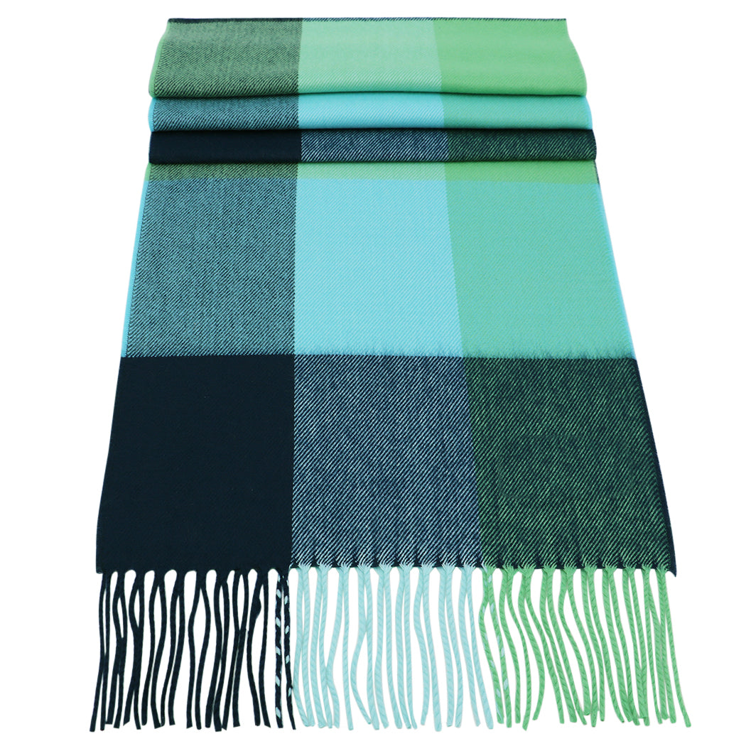 Soft Acrylic Winter Scarf, 66 x 12 Inches with 3 Inch Fringe, Cozy Cold Weather Accessory (Check Turquoise, Navy, Green)