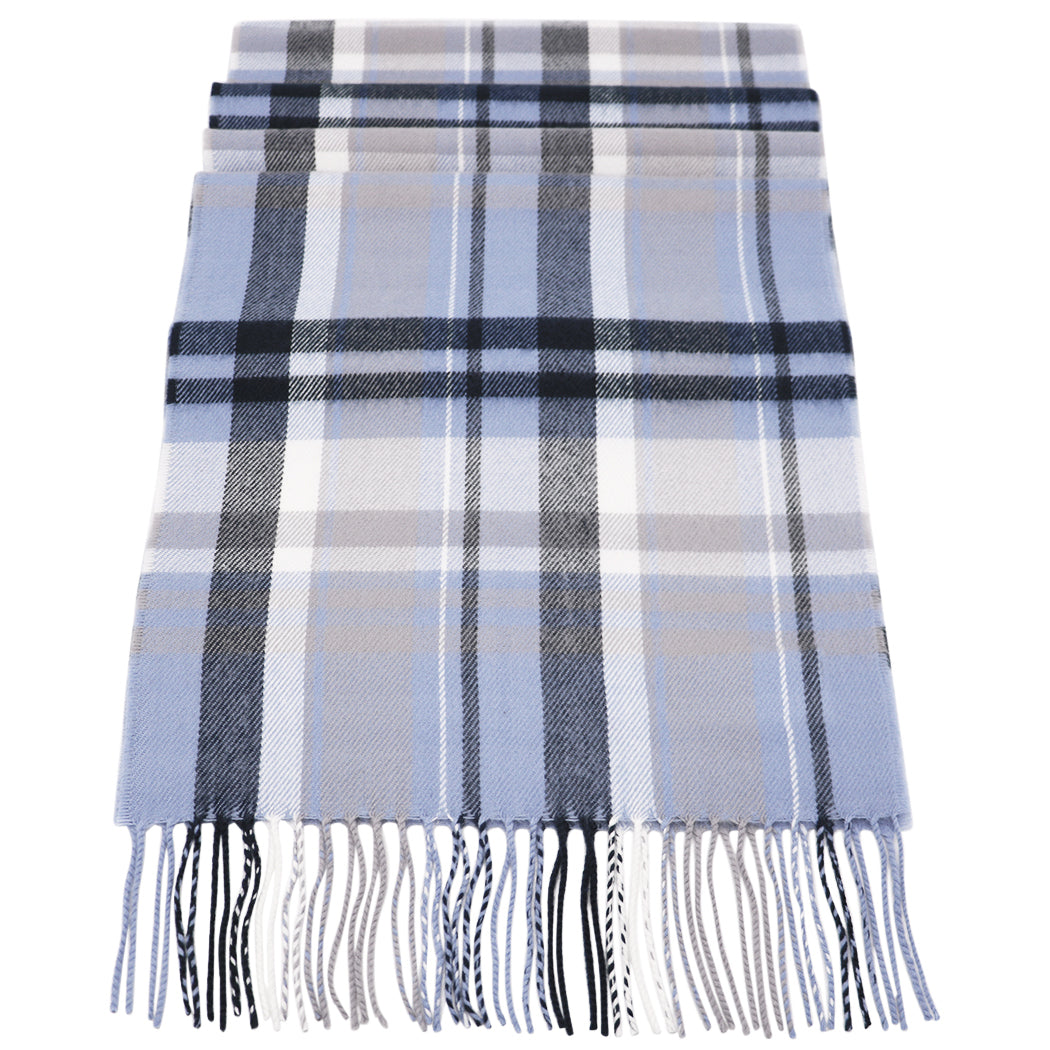 Soft Acrylic Winter Scarf, 66 x 12 Inches with 3 Inch Fringe, Cozy Cold Weather Accessory (Plaid, Periwinkle Blue, Grey, Navy)