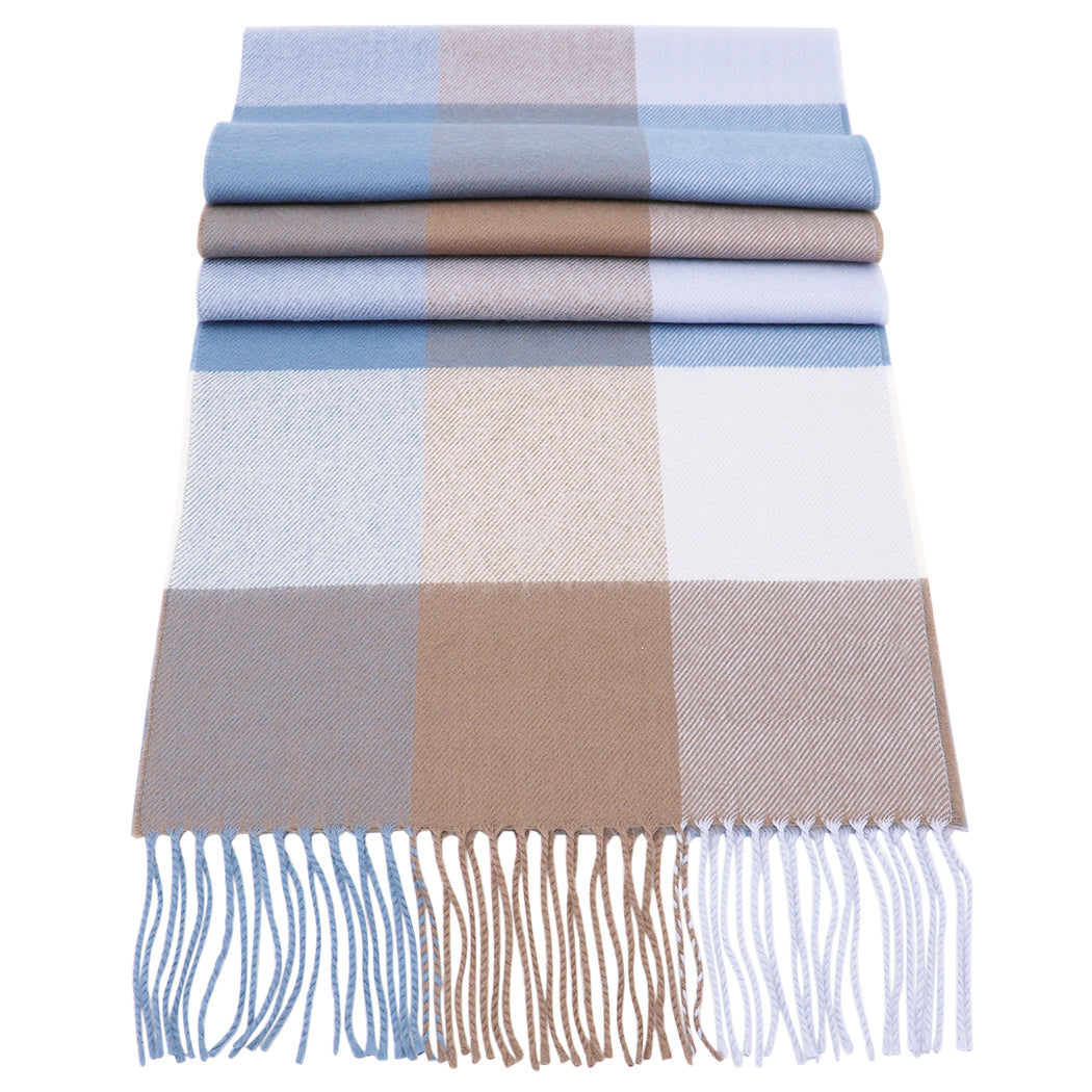Soft Acrylic Winter Scarf, 66 x 12 Inches with 3 Inch Fringe, Cozy Cold Weather Accessory (Check, Sky Blue, Taupe, Grey)