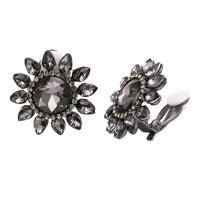 Stunning Jet Black Crystal Flower Statement Clip On Style Hematite Earrings, 1.25"