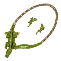 Rosemarie Collections Women's Exquisite Crystal Rhinestone Statement Alligator Necklace Earrings Gift Set, 18" (Green Crystal Gold Tone)