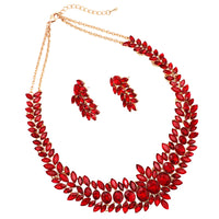 Elegant Statement Red Crystal Marquise Rhinestone Cluster Necklace Post Earrings Holiday Jewelry Gift Set 16"+ 2" Extender