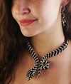 Stunning Black Enamel And Crystal Rhinestones Serpent Snake Statement Jewelry Pieces (Silver Tone Hinged Back Choker Necklace Earring Gift Set, 14")