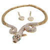 Stunning Three Dimensional Gold Tone Statement Crystal Rhinestone Encrusted Serpent Snake Statement Jewelry Pieces (Collar Necklace And Earring Set, 14")