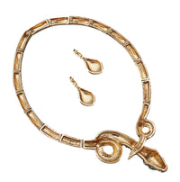 Stunning Three Dimensional Gold Tone Statement Crystal Rhinestone Encrusted Serpent Snake Statement Jewelry Pieces (Collar Necklace And Earring Set, 14")