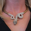 Stunning Three Dimensional Gold Tone Statement Crystal Rhinestone Encrusted Serpent Snake Statement Jewelry Pieces (Collar Necklace And Earring Set, 14")