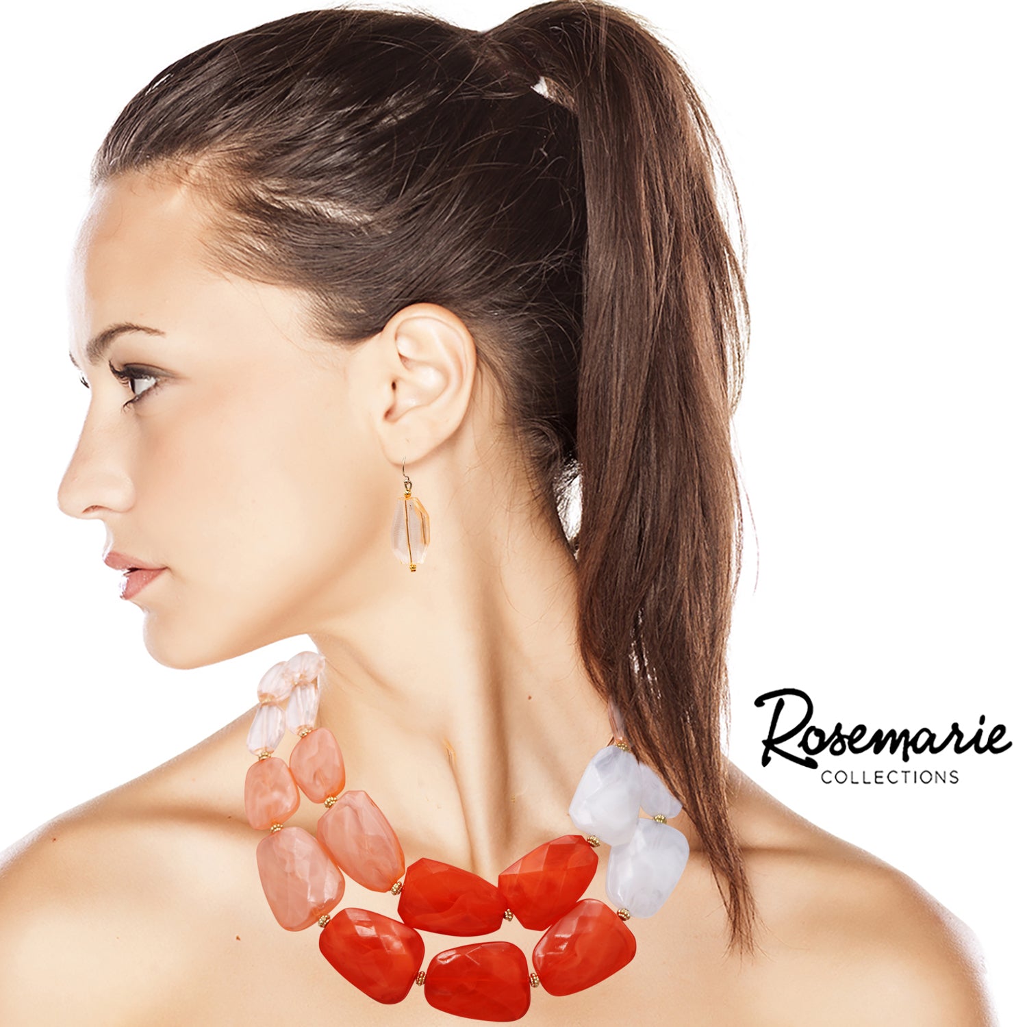 Chic Ombre Polished Resin Statement Necklace Earring Set, 16"+3" Extender Coral