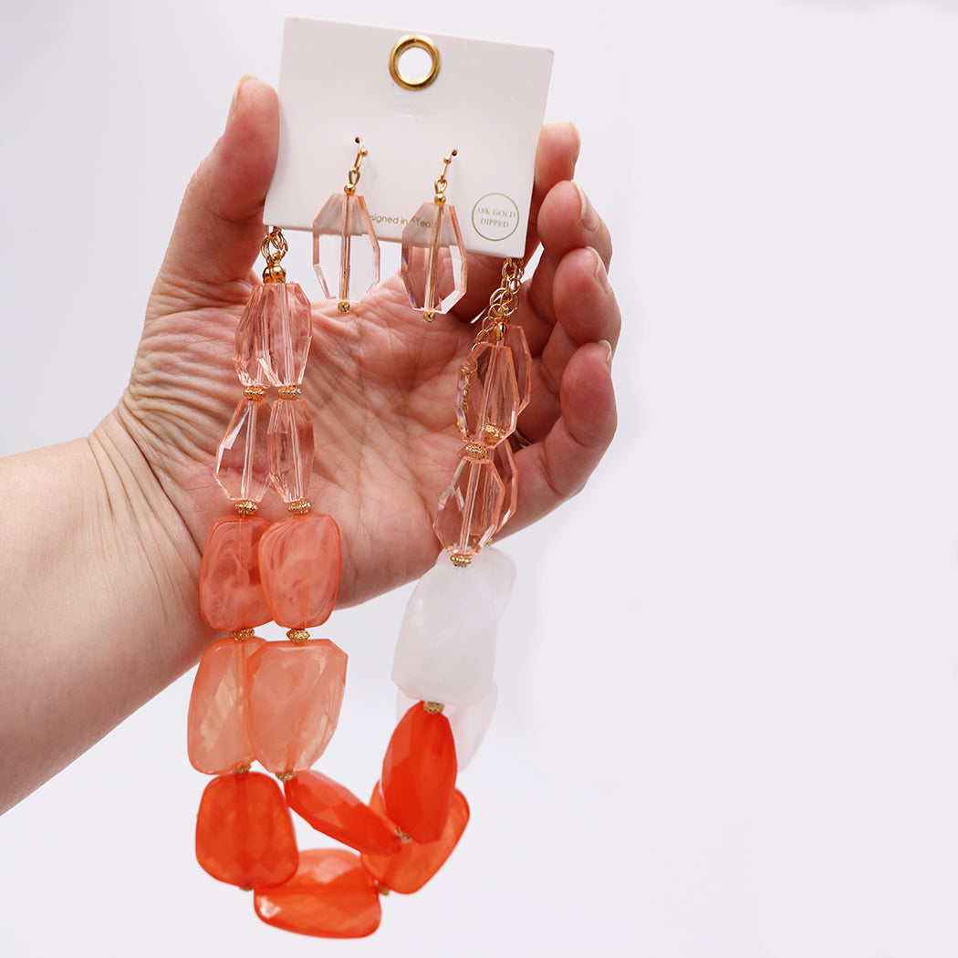 Chic Ombre Polished Resin Statement Necklace Earring Set, 16"+3" Extender Coral