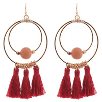Stunning Natural Stone And Tassel Adorned Worn Gold Tone Statement Double Hoop Earrings, 3.25" (Red)