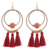 Stunning Natural Stone And Tassel Adorned Worn Gold Tone Statement Double Hoop Earrings, 3.25" (Red)