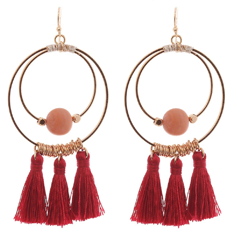 Stunning Natural Stone And Tassel Adorned Worn Gold Tone Statement Double Hoop Earrings, 3.25" (Red)