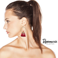 Stunning Natural Stone And Tassel Adorned Worn Gold Tone Statement Double Hoop Earrings, 3.25" (Red)