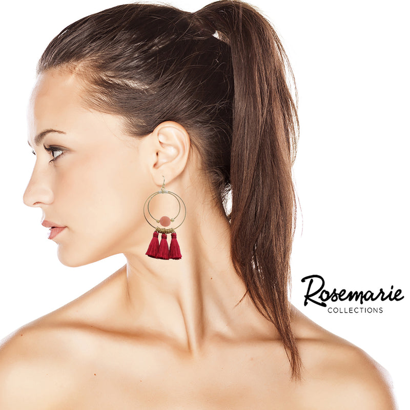 Stunning Natural Stone And Tassel Adorned Worn Gold Tone Statement Double Hoop Earrings, 3.25" (Red)