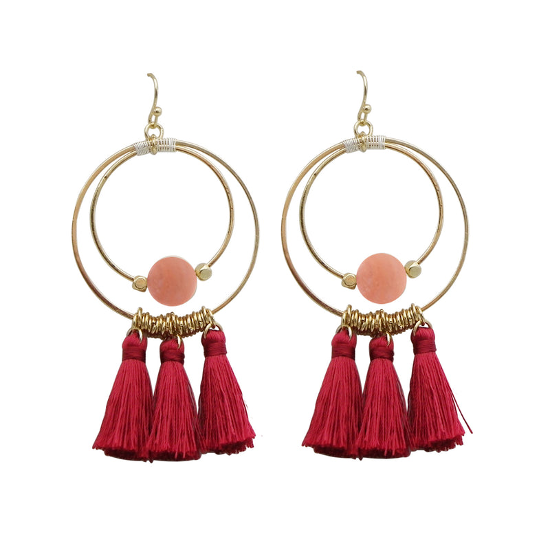 Stunning Natural Stone And Tassel Adorned Worn Gold Tone Statement Double Hoop Earrings, 3.25" (Red)